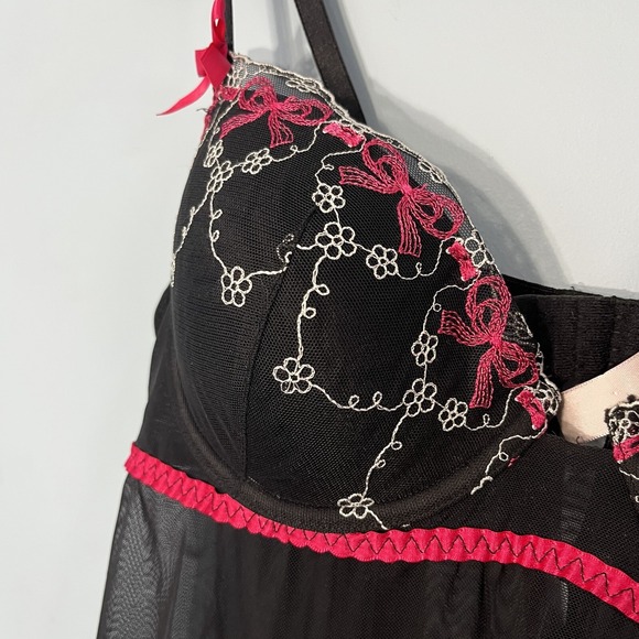 Sheer Black Babydoll Lingerie Large Ruffle‎ Whimsigoth Bows Embroidery Coquette - Picture 9 of 16